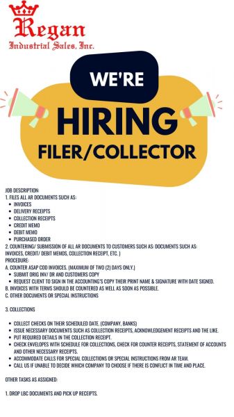 Jobtalk - Collector vacancy in Quezon City! Hiring by Regan Industrial Sales Inc.