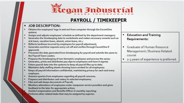 Jobtalk - HR Timekeeper vacancy in Meycauayan City! Hiring by Regan Industrial Sales Inc.