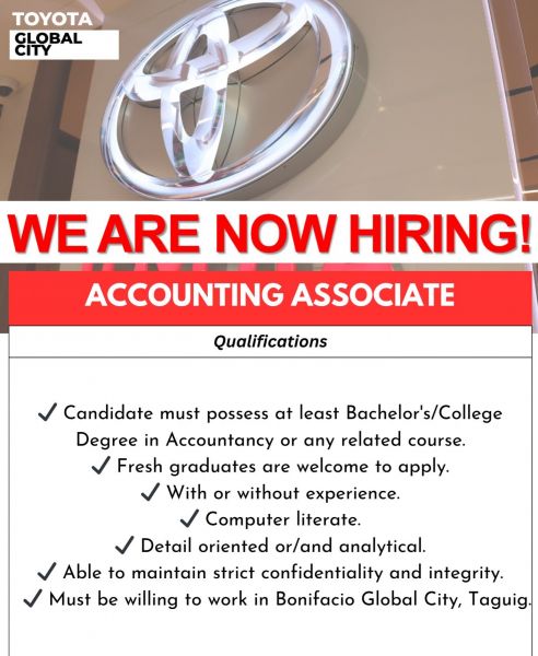 Jobtalk - Accounting Associate vacancy in Bonifacio Global City! Hiring by Toyota Global City, Inc.