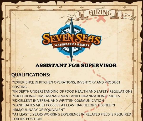 Jobtalk - Assistant F&B Supervisor vacancy in Cagayan De Oro City! Hiring by Seven Seas Water Park and Resort