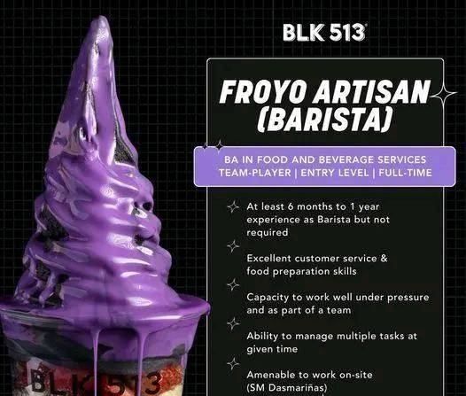 Jobtalk - Barista vacancy in Dasmariñas City! Hiring by Blk 513