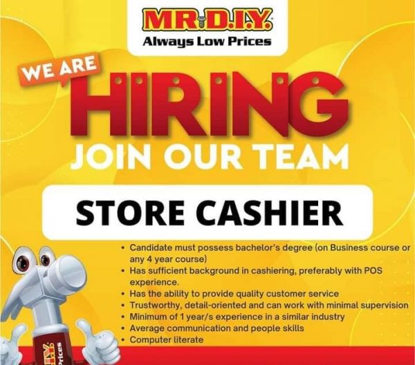 Jobtalk - Cashier vacancy in Binangonan! Hiring by Mr. D.I.Y