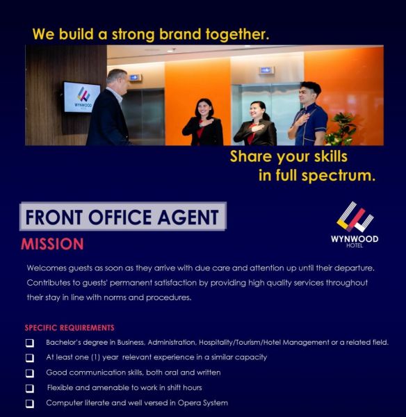 Jobtalk - Front Office Staff vacancy in Pasig! Hiring by Wynwood Hotel