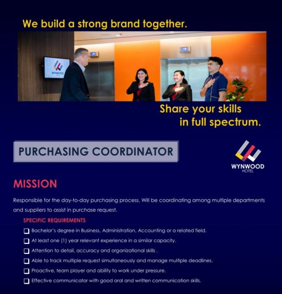 Jobtalk - Purchasing Coordinator vacancy in Pasig! Hiring by Wynwood Hotel