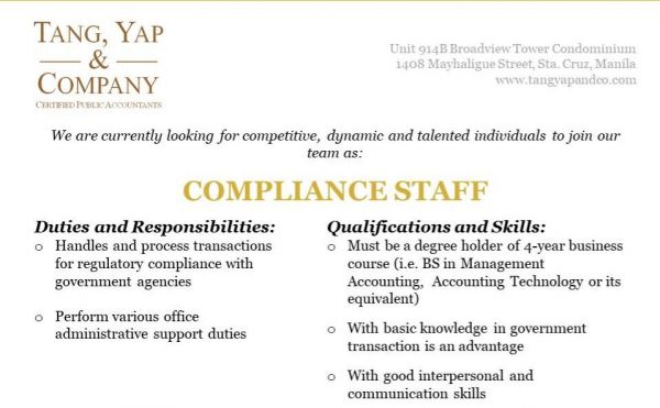 Jobtalk - Compliance Staff vacancy in Sta. Cruz! Hiring by Tang, Yap And Co.