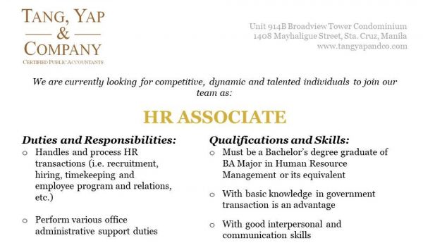 Jobtalk - HR Associate vacancy in Sta. Cruz! Hiring by Tang, Yap And Co.