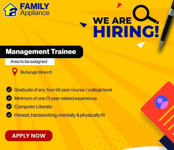 Jobtalk - Management Trainee vacancy in Davao City! Hiring by Family Appliance