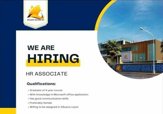 Jobtalk - HR Associate vacancy in Albuera! Hiring by Megaship Builders Inc.