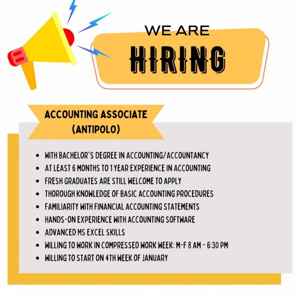 Jobtalk - Accounting Associate vacancy in Antipolo City! Hiring by Food Baskets Corporation
