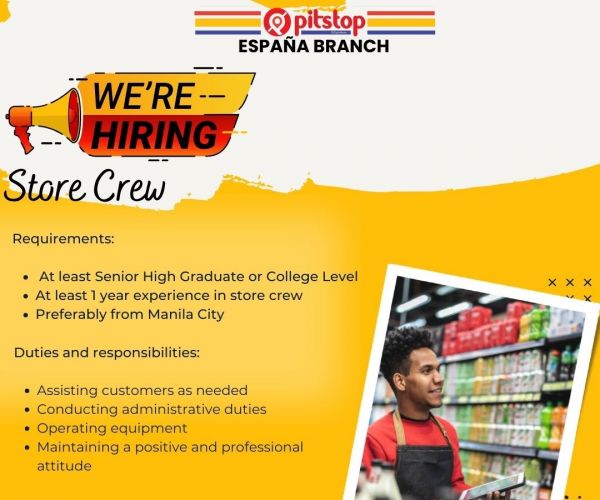 Jobtalk - Store Crew vacancy in Sampaloc! Hiring by Pitstop Convenience Store