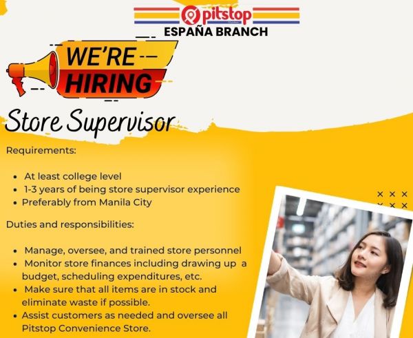 Jobtalk - Store Supervisor vacancy in Sampaloc! Hiring by Pitstop Convenience Store