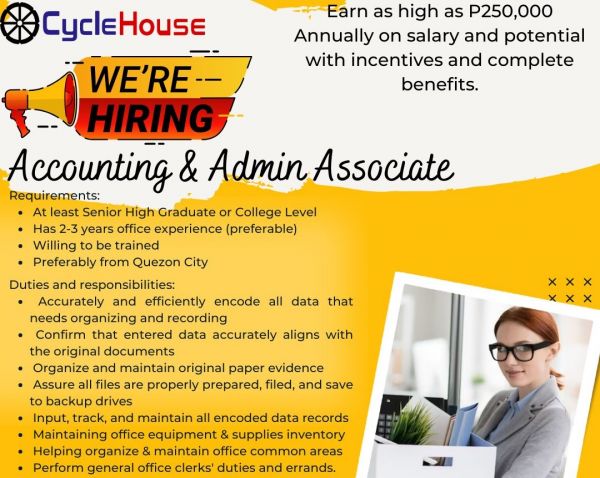 Jobtalk - Admin Associate vacancy in Quezon City! Hiring by CycleHouse Philippines