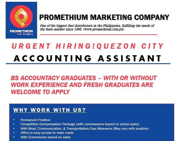 Jobtalk - Accounting Assistant vacancy in Quezon City! Hiring by Promethium Marketing Company