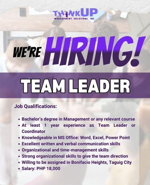 Jobtalk - HR Team Leader vacancy in Taguig City! Hiring by Think Up Management Solutions Inc.
