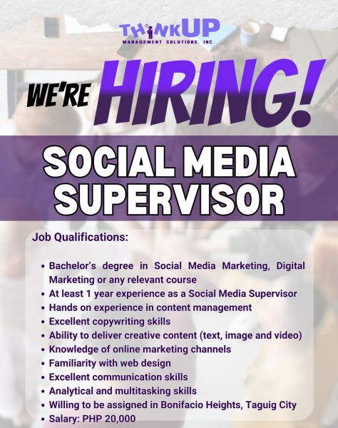 Jobtalk - Social Media Supervisor vacancy in Taguig City! Hiring by Think Up Management Solutions Inc.