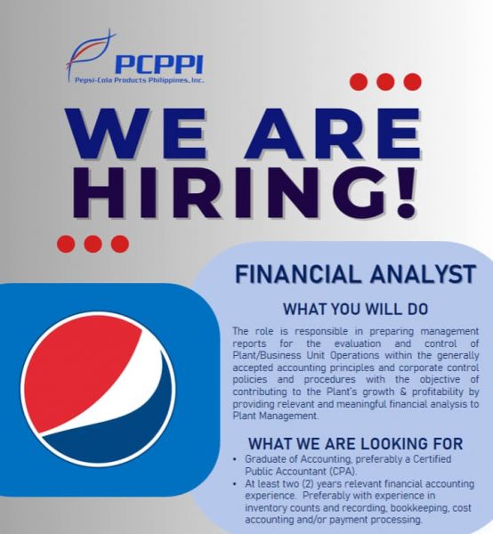 Jobtalk - Financial Analyst vacancy in Tanauan! Hiring by Pepsi-Cola Product Philippines Inc.