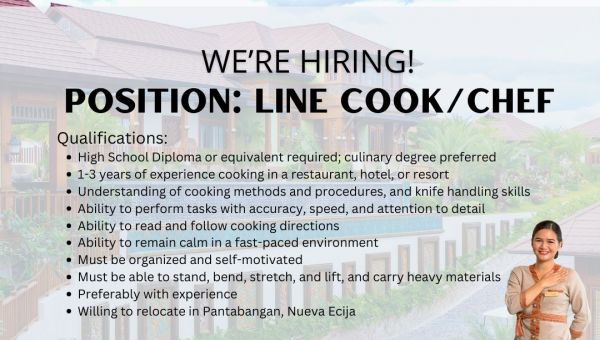 Jobtalk - Line Cook vacancy in Pantabangan! Hiring by Highland Bali Villas, Resort and Spa