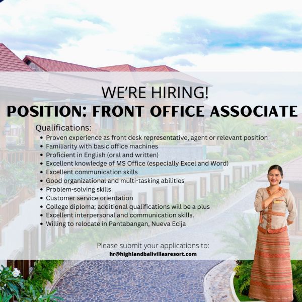 Jobtalk - Front Office Associate vacancy in Pantabangan! Hiring by Highland Bali Villas, Resort and Spa