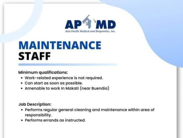 Jobtalk - Maintenance Staff vacancy in Makati! Hiring by Asia Pacific Medical and Diagnostics