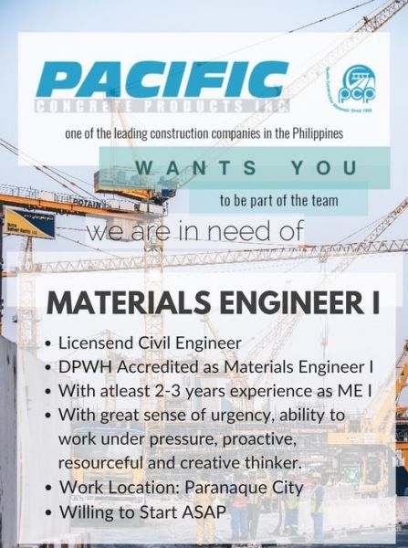 Jobtalk - Civil Engineer vacancy in Parañaque! Hiring by Pacific Concrete Products, Inc.