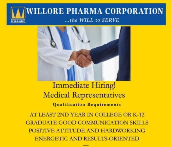 Jobtalk - Medical Representative vacancy in Caloocan! Hiring by Willore Pharma Corporation.