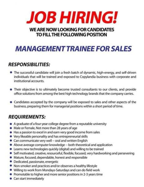 Jobtalk - Management Trainee vacancy in Tuguegarao City! Hiring by Copylandia Office Systems Corporation