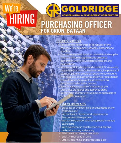 Jobtalk - Purchasing Officer vacancy in Orion! Hiring by Goldridge Construction & Development Corporation