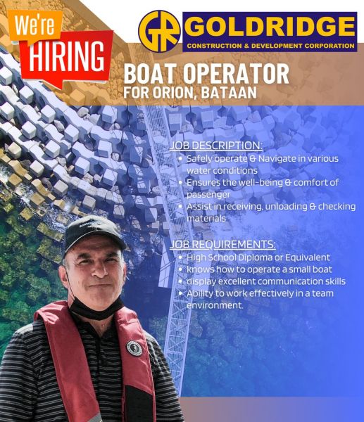 Jobtalk - Boat Operator vacancy in Orion! Hiring by Goldridge Construction & Development Corporation