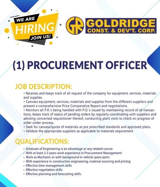 Jobtalk - Procurement Officer vacancy in Orion! Hiring by Goldridge Construction & Development Corporation