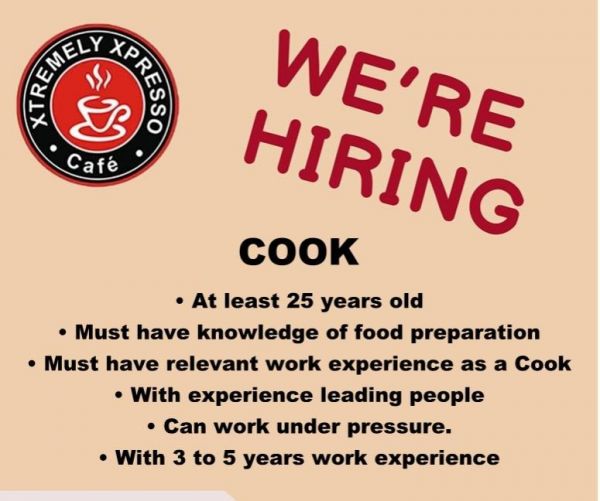 Jobtalk - Cook vacancy in Balanga City! Hiring by Xtremely Xpresso Café