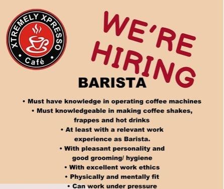 Jobtalk - Barista vacancy in Balanga City! Hiring by Xtremely Xpresso Café