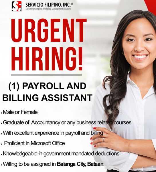 Jobtalk - Billing Assistant vacancy in Balanga City! Hiring by Servicio Filipino, Inc.