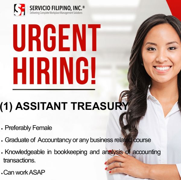 Jobtalk - Assistant Treasurer vacancy in Balanga City! Hiring by Servicio Filipino, Inc.