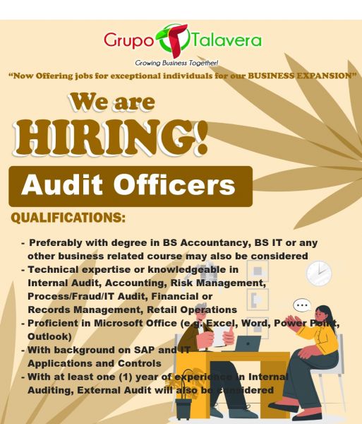 Jobtalk - Audit Officer vacancy in Cauayan City! Hiring by Talavera Group Of Companies