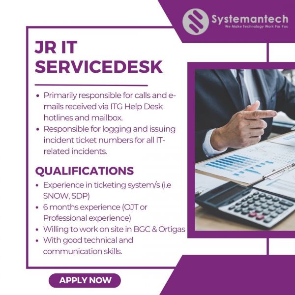 Jobtalk - Junior Service Desk Agent vacancy in Bonifacio Global City! Hiring by Systemantech, Inc.