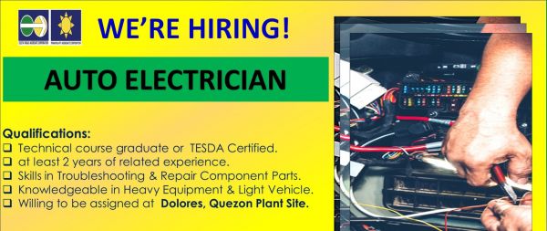 Jobtalk - Auto Electrician vacancy in Dolores! Hiring by Electa Tarlac Aggregate Corp