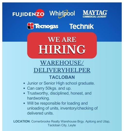 Jobtalk - Delivery Helper vacancy in Tacloban City! Hiring by Excellence Appliance Technologies, Inc.