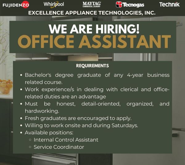 Jobtalk - Office Assistant vacancy in Mandaue City! Hiring by Excellence Appliance Technologies, Inc.