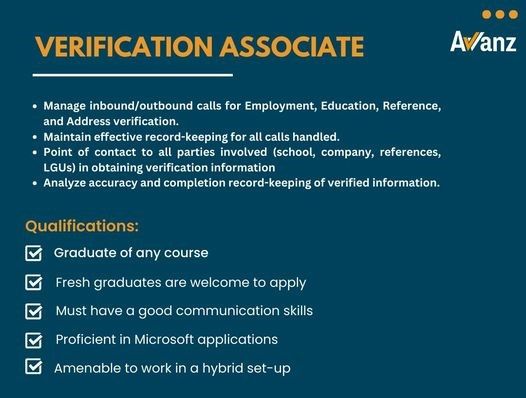 Jobtalk - Avvanz Pte Ltd looking for Verification Associate, Hybrid setup,  in Pasig