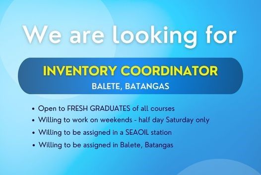 Jobtalk - Inventory Control Coordinator vacancy in Balete! Hiring by Seaoil Philippines, Inc.