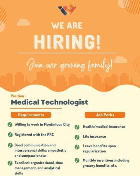 Jobtalk - Medical Technologist vacancy in Muntinlupa! Hiring by IMS Wealth Care Inc.