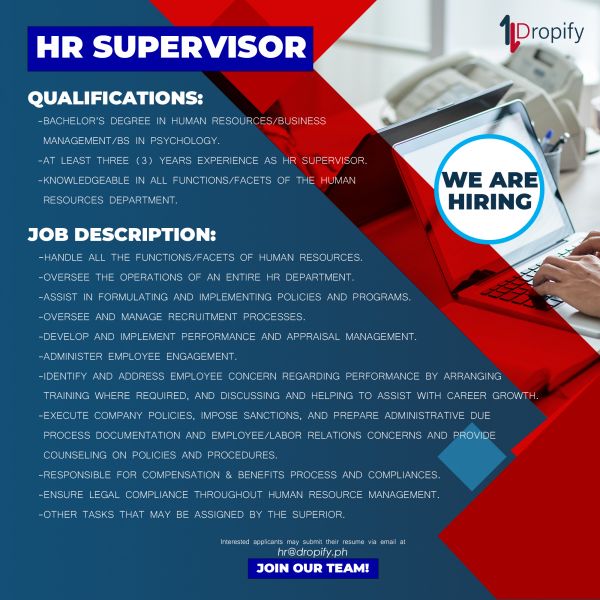 Jobtalk - HR Supervisor vacancy in Quezon City! Hiring by Dropify Philippines