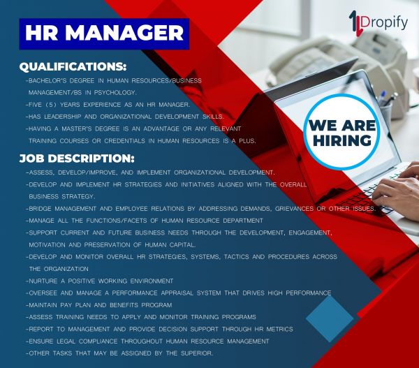 Jobtalk - HR Manager vacancy in Quezon City! Hiring by Dropify Philippines