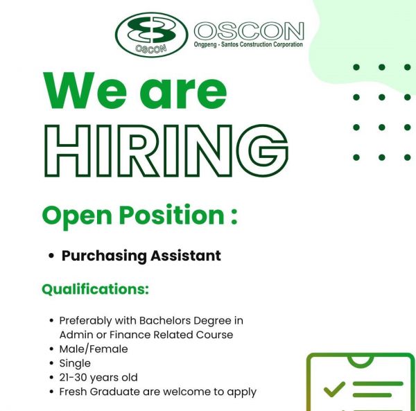Jobtalk - Purchasing Assistant vacancy in Caloocan! Hiring by Ongpeng - Santos Construction Corporation