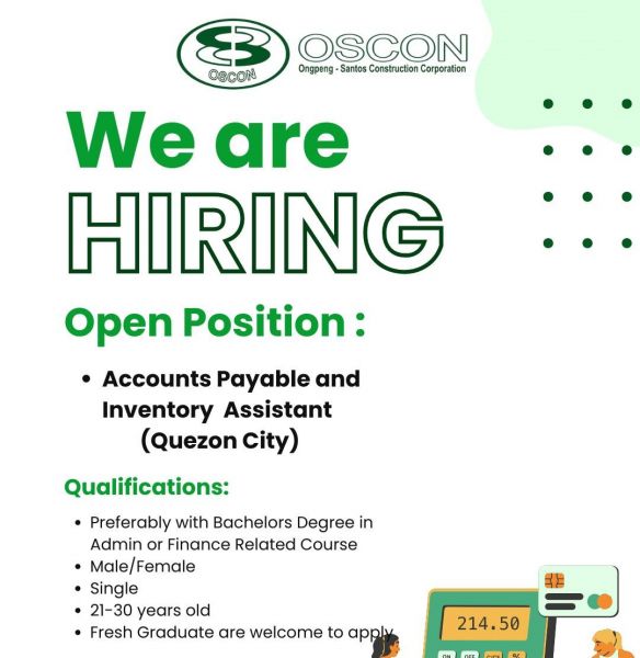 Jobtalk - Accounts Payable Assistant vacancy in Caloocan! Hiring by Ongpeng - Santos Construction Corporation