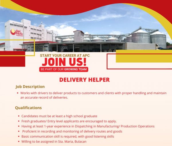 Jobtalk - Delivery Helper vacancy in Sta. Maria! Hiring by Agri Pacific Corporation