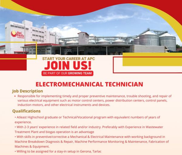 Jobtalk - Electromechanical Technician vacancy in Gerona! Hiring by Agri Pacific Corporation