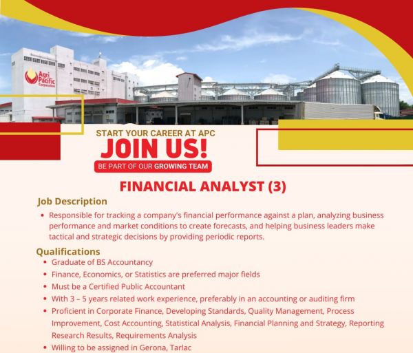 Jobtalk - Financial Analyst vacancy in Gerona! Hiring by Agri Pacific Corporation