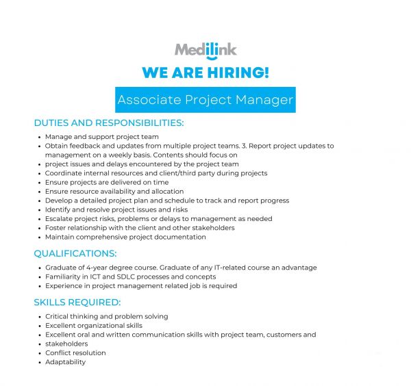 Jobtalk - Associate Project Manager vacancy in Makati! Hiring by Medilink Network Inc.