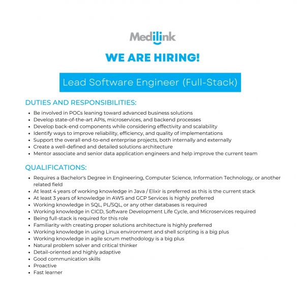 Jobtalk - Lead Software Engineer vacancy in Makati! Hiring by Medilink Network Inc.